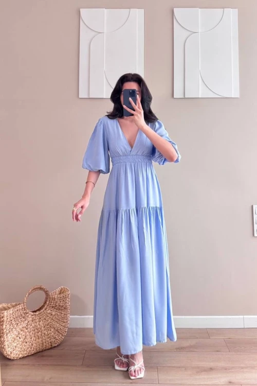 Mavi Kısa Kollu V Yaka Maxi Elbise