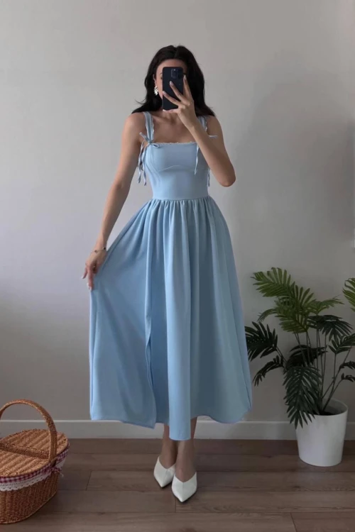 Mavi Midi U Yaka Volanlı Dantel Detaylı Midi Elbise