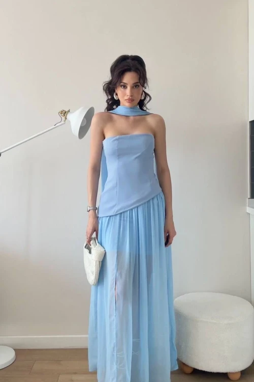 Mavi Şallı Etek Pileli Şifon Midi Yırtmaçlı Elbise