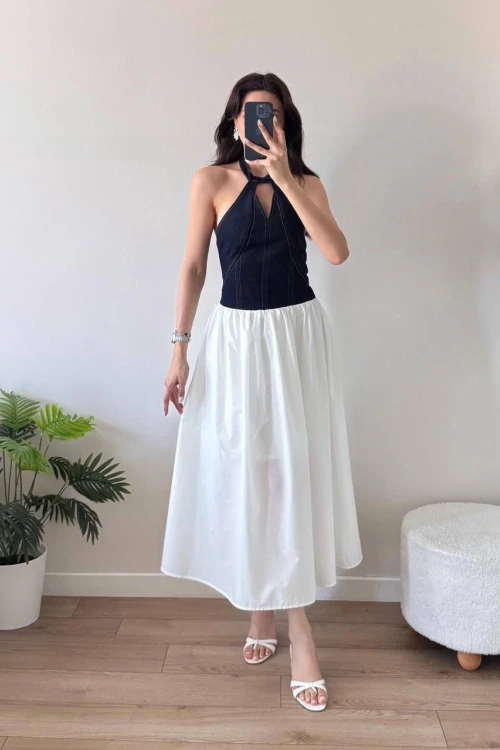 Midi Astarlı Kot Elbise