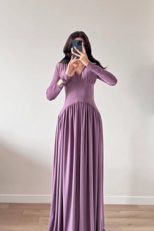 Mor V Yaka Eteği Büzgülü Dökümlü Maxi Elbise
