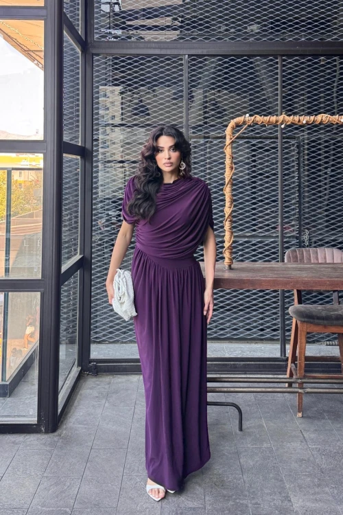 Mürdüm Drapeli Maxi Elbise