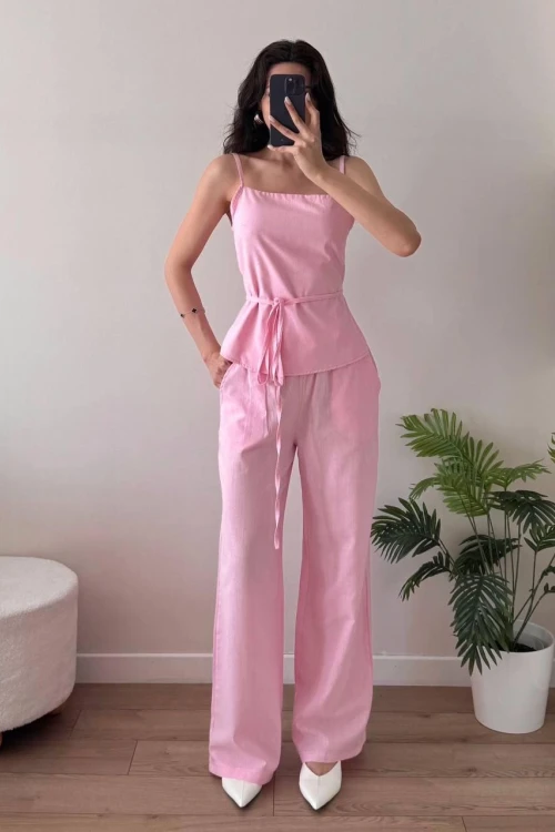 Pembe Askılı Bağlamalı İkili Takım