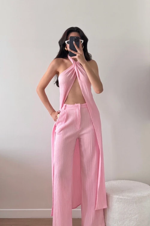 Pembe Çarpraz Bağlamalı Pantolon Yelek Takım