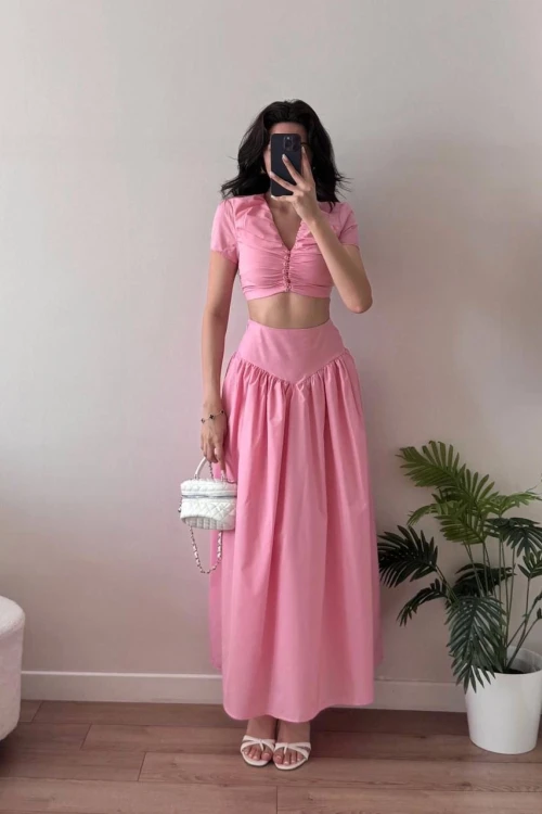 Pembe Düğmeli Büzgülü Etekli İkili Takım