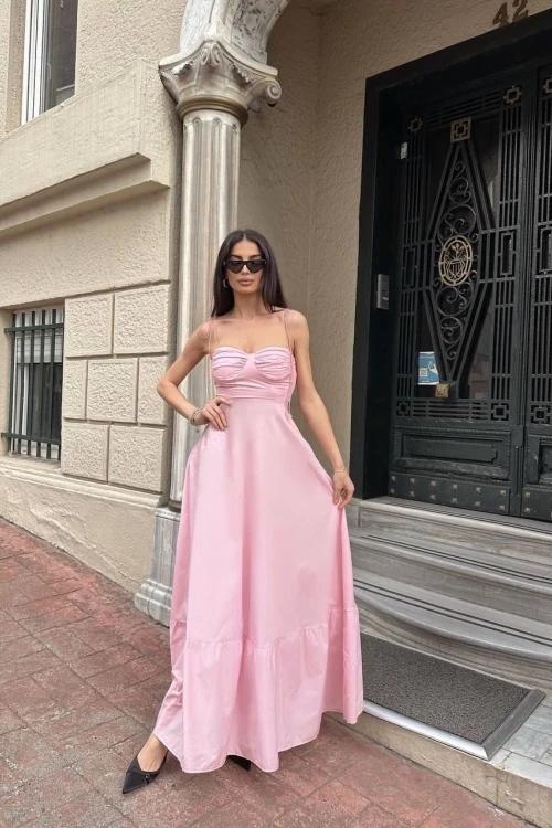 PEMBE FIRFIR DETAYLI ASKILI MAXİ ELBİSE