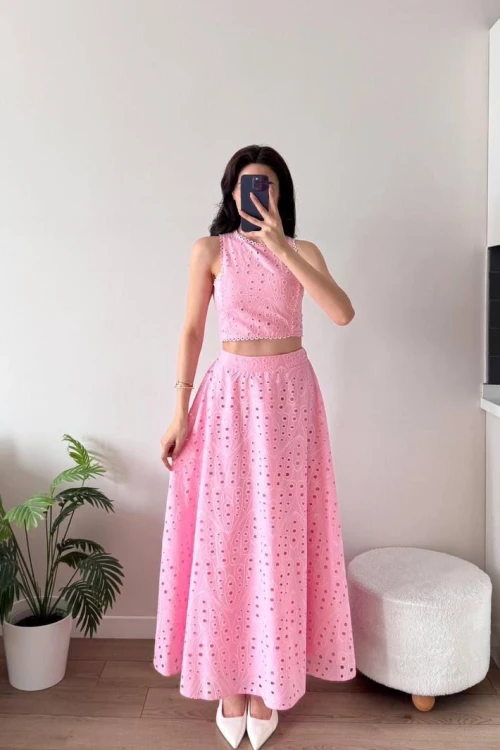 Pembe Güpürlü Etekli Takım