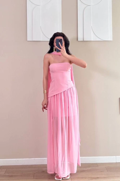 Pembe Şallı Etek Pileli Şifon Midi Yırtmaçlı Elbise