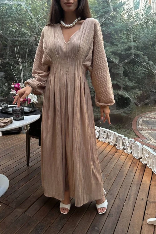 PİLELİ BALON KOL VİZON MAXİ ELBİSE