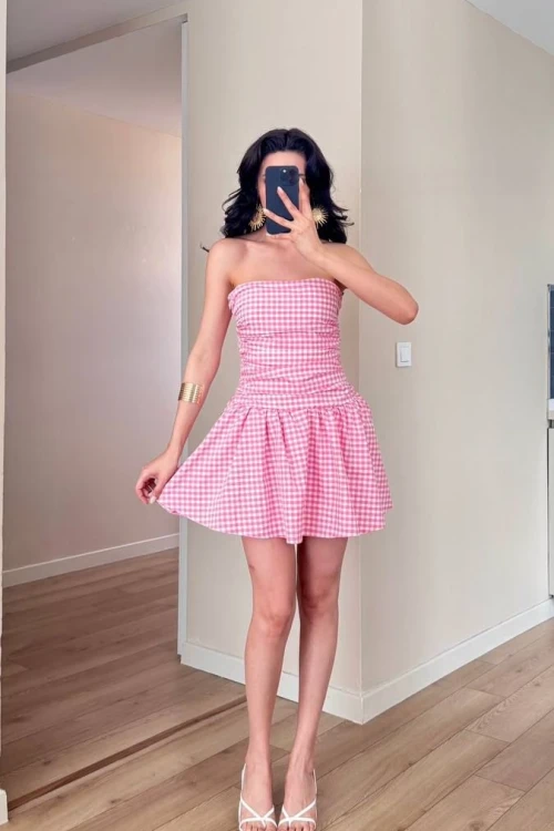 Pötikare İçi Tül Kabartmalı Mini Straplez Elbise