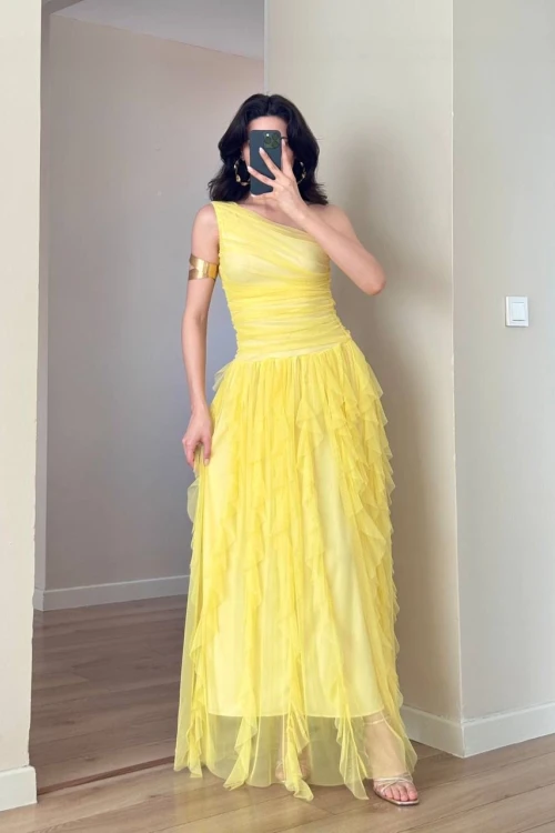 Sarı Fırfırlı Maxi Tül Elbise