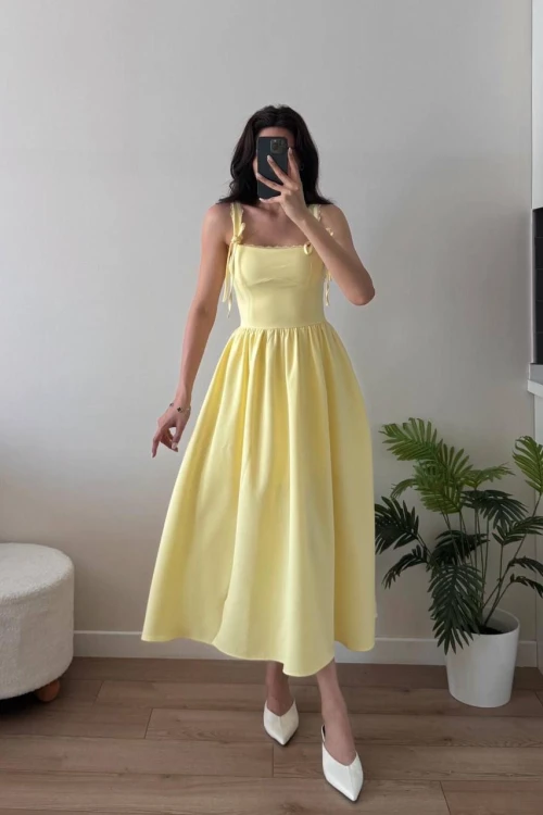 Sarı Midi U Yaka Volanlı Dantel Detaylı Midi Elbise