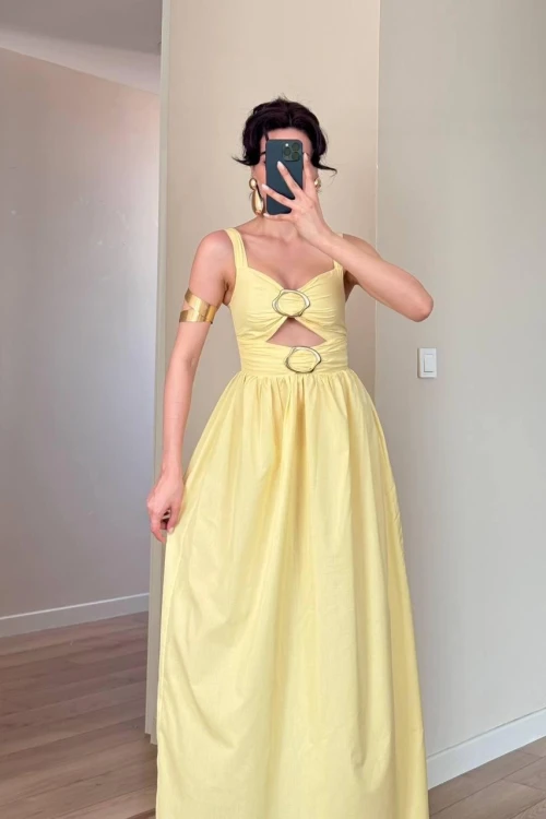 Sarı Tokalı Midi Elbise