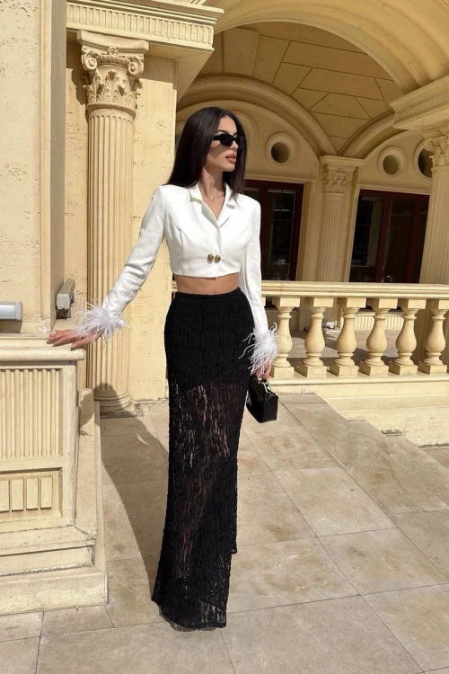 Siyah Dantelli Likralı Şort Astarlı Maxi Etek