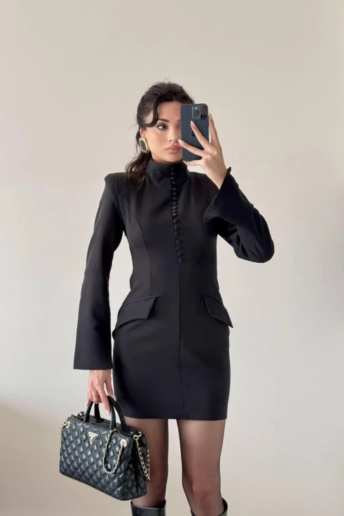 Siyah Kaplama Düğmeli Süs Cepli Mini Elbise
