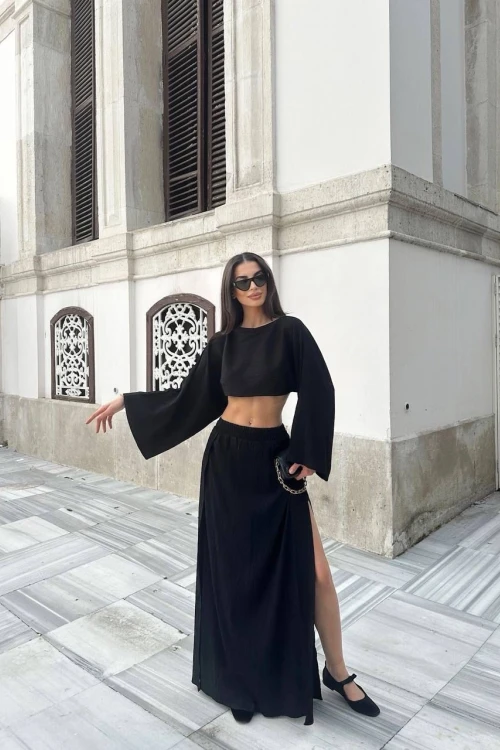 SİYAH KETEN YIRTMAÇLI OVERSİZE TAKIM