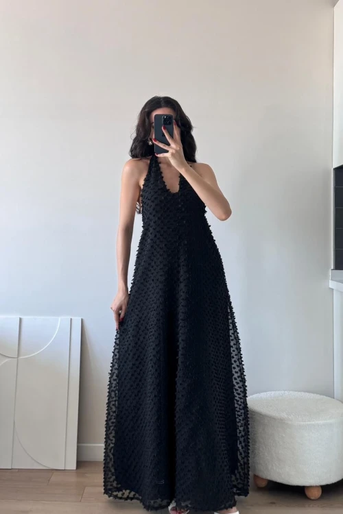 Siyah Ponponlu Yaka Şallı Astarlı Maxi Elbise