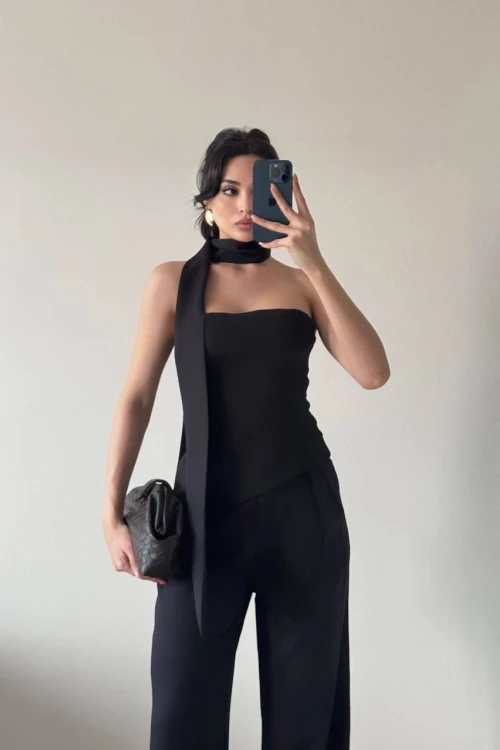 Siyah Şallı Büstiyer Pantolon İkili Takım