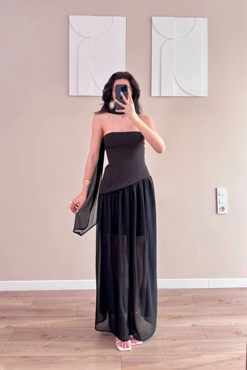 Siyah Şallı Etek Pileli Şifon Midi Yırtmaçlı Elbise