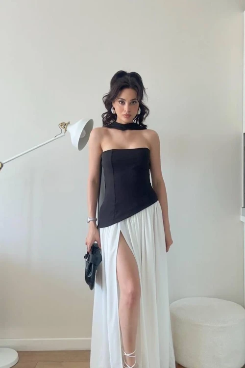 Siyah Şallı Yırtmaçlı Maxi Elbise