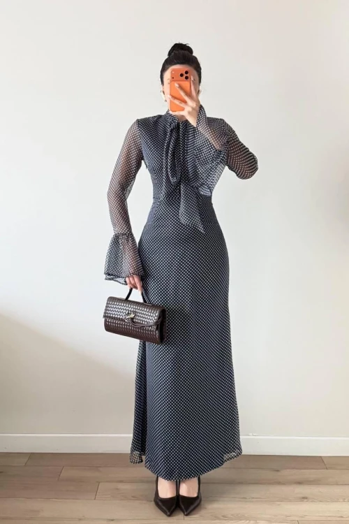 Siyah Şifon Puantiyeli Maxi Şallı Elbise