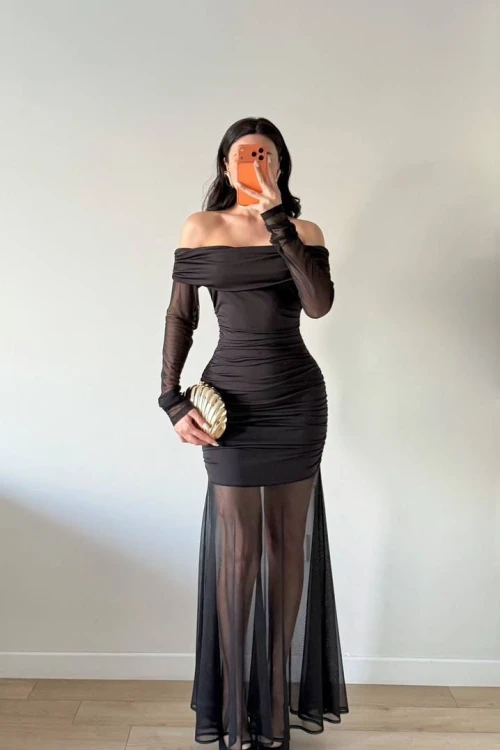 Siyah Straplez Kol Ve Etek Tüllü Maxi Elbise