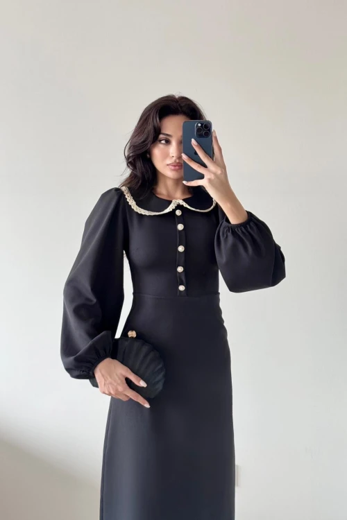 Siyah Uzun Kollu Bebe Yaka Midi Elbise