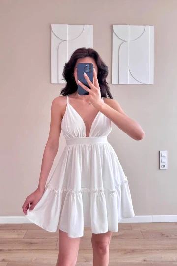 Beyaz Askılı Mini Jesica Elbise
