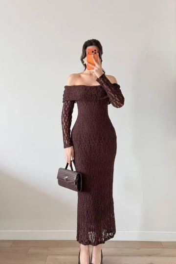 Kahverengi Straplez Yaka Dantelli Maxi Elbise