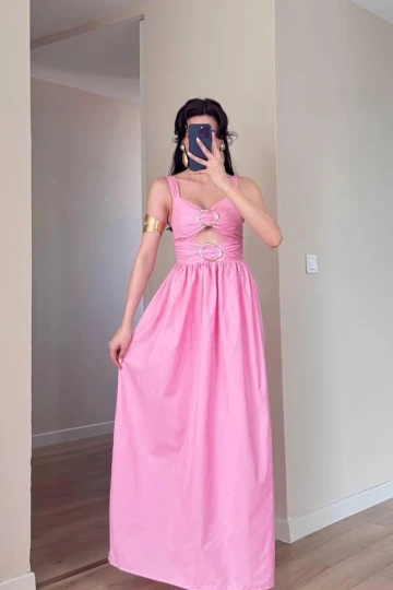 Pembe Tokalı Midi Elbise