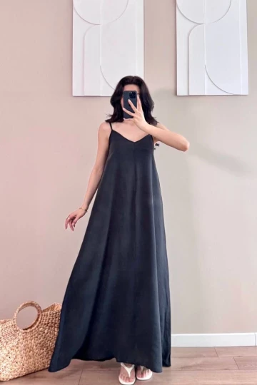 Siyah Askılı Modal Kumaş Maxi Elbise
