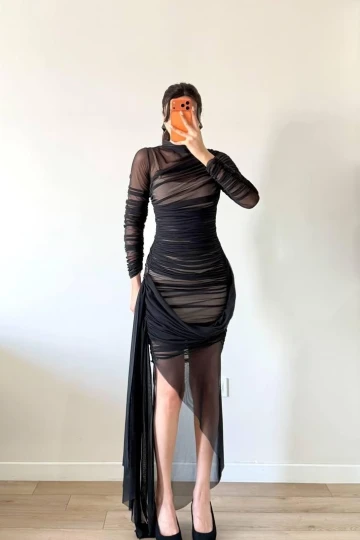 Siyah Büzgülü Maxi Tül Elbise