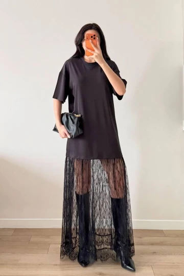 Siyah Dantel Detaylı Oversize Elbise