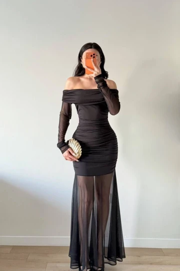 Siyah Straplez Kol Ve Etek Tüllü Maxi Elbise