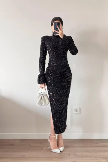 Siyah Yırtmaçlı Pul Payet Maxi Elbise